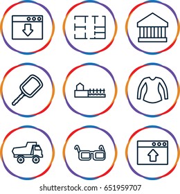 View icons set. set of 9 view outline icons such as toy car, mirror, blouse, glasses, avenue, plan, bank, window browser upload
