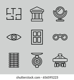 View icons set. set of 9 view outline icons such as window, mirror, cargo plane back view, eye, plan, jalousie, spy camera, binoculars