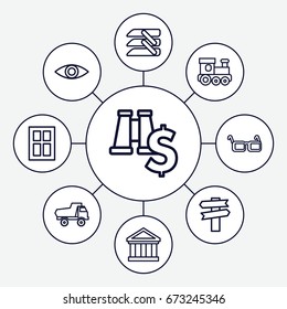 View icons set. set of 9 outline icons such as window, train toy, toy car, glasses, blinds, eye, bank, direction