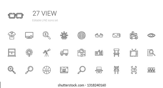 view icons set. Collection of view with chair, sunglasses, loupe, television, basketball, zoom in, sink, search, side view, telescope, research. Editable and scalable icons.