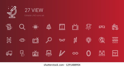 view icons set. Collection of view with mirror, glasses, decorative, sink, television, hand mirror, side view, research, jumping rope, loupe. Editable and scalable icons.