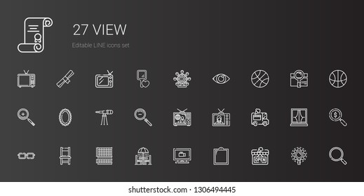 view icons set. Collection of view with open, window, monitoring, chair and table, grid, chair, eyeglasses, ice cream car, television, zoom out. Editable and scalable view icons.