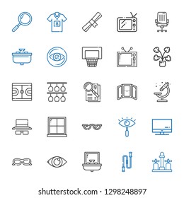 view icons set. Collection of view with sink, jumping rope, eye, sunglasses, screen, glasses, window, microscope, mirror, observe, basketball. Editable and scalable view icons.