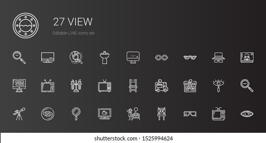 view icons set. Collection of view with sunglasses, chair, sink, monitoring, search, vision, telescope, open, ice cream car, television, tubes. Editable and scalable view icons.