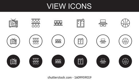 view icons set. Collection of view with television, glasses, seats, window, sunglasses, basketball. Editable and scalable view icons.