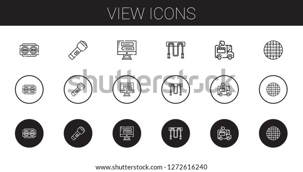 view icons set. Collection of view with vision,\
flashlight, monitor, jumping rope, ice cream car, grid. Editable\
and scalable view icons.