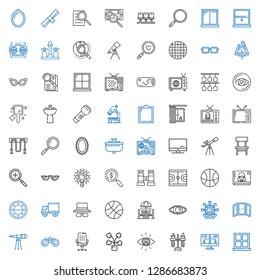 view icons set. Collection of view with window, monitor, tubes, searching, decorative, chair, binoculars, telescope, mirror, ferris wheel, eye. Editable and scalable view icons.