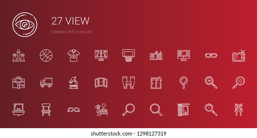 view icons set. Collection of view with window, loupe, sink, sunglasses, chair, search, binoculars, mirror, microscope, side view, monitor, basketball. Editable and scalable icons.