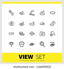 View icons. Set of  line icons. Eyes care, contact lens, VR glasses. View concept. Vector illustration can be used for topics like sight, vision, ophthalmology.