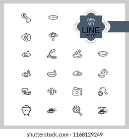 View icons. Set of  line icons. Eyes care, contact lens, VR glasses. View concept. Vector illustration can be used for topics like sight, vision, ophthalmology.