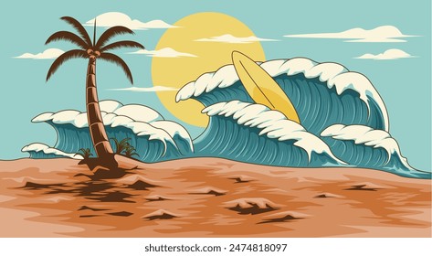 View illustration of surfing activity on the beach at summer. perfect to use as a poster or wallpaper. Landscape illustration collections.