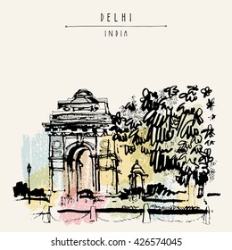View of India Gate in Delhi, India. Vintage hand drawn postcard template. Vector illustration