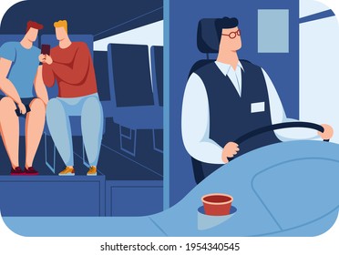 View inside bus, professional driver is carrying passengers, people travel by public transport, cartoon style vector illustration.