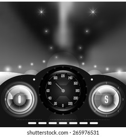 View from inside the car on the dashboard and blurred night lights in black and white vector
