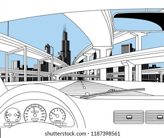 View from inside the car the highway overpass   city skyline  Modern urban life conceptual linear drawing  Vector illustration  