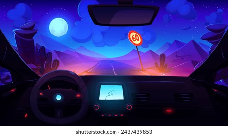 View from inside car through windshield on road in desert at night under full moon light. Cartoon vector driverless automobile interior with steering wheel, control dashboard with gps navigator.