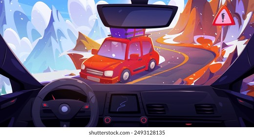 View from inside car through windshield on winding road on cliff of mountains with red automobile in winter. Cartoon vector illustration of vehicle interior with cockpit and danger serpentine highway.