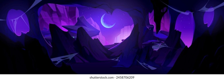 View from inside of cave on rocky cliff mountains at night with crescent moon on sky. Cartoon vector illustration of midnight landscape through underground grotto entrance hole. Empty stone cavern.