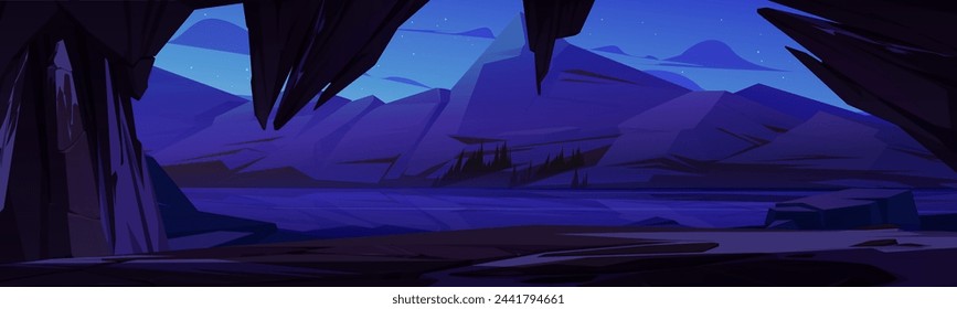 View from inside cave in rock to high peaked mountains, calm lake and trees at night. Cartoon dark midnight vector landscape with view on hills from grotto entrance hole. Cavern with stone walls.