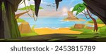 View from inside of cave through hole entrance on empty sea or ocean sand beach with palm trees, green grass and rocks. Cartoon vector summer landscape with underground grotto for jungle adventure.