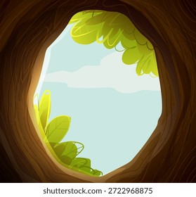 Una vista desde el interior de un árbol hueco en un bosque brillante, que se abre con hojas verdes. Un fondo de bosque brillante, marco de madera vacío con copyspace. Vector ilustración de dibujos animados para la historia de la infancia.
