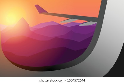 View from inside the plane cabin look through plane's window can see view of the mountain range and airplane's wing also the sun is rising with orange-pink clear sky