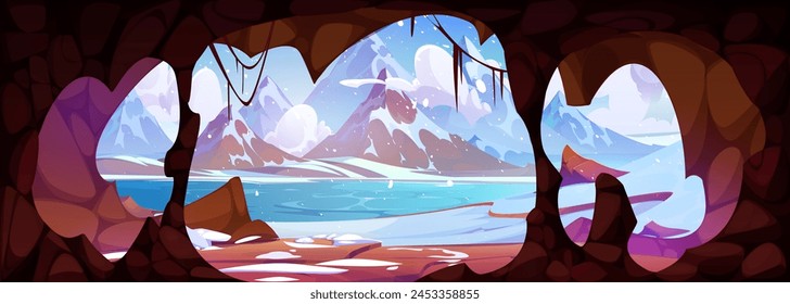 View from inside of underground cave on winter landscape with rocky mountains and lake or river covered with snow. Cartoon vector illustration of northern hills scenery through grotto entrance.