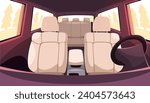 View of interior of empty vehicle from windshield side. Luxury leather chairs. Automobile inside. Trips and journey by auto. Cleaning car service. Cartoon flat isolated vector concept