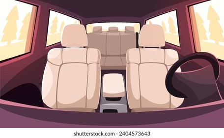 View of interior of empty vehicle from windshield side. Luxury leather chairs. Automobile inside. Trips and journey by auto. Cleaning car service. Cartoon flat isolated vector concept