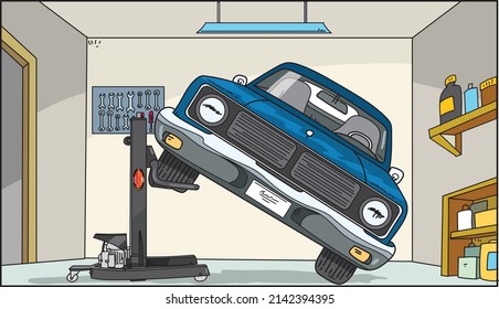 View of the interior of the garage from the inside and the workplace mechanic. Car repair. Vector illustration 
