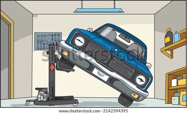 View of the\
interior of the garage from the inside and the workplace mechanic.\
Car repair. Vector illustration\
