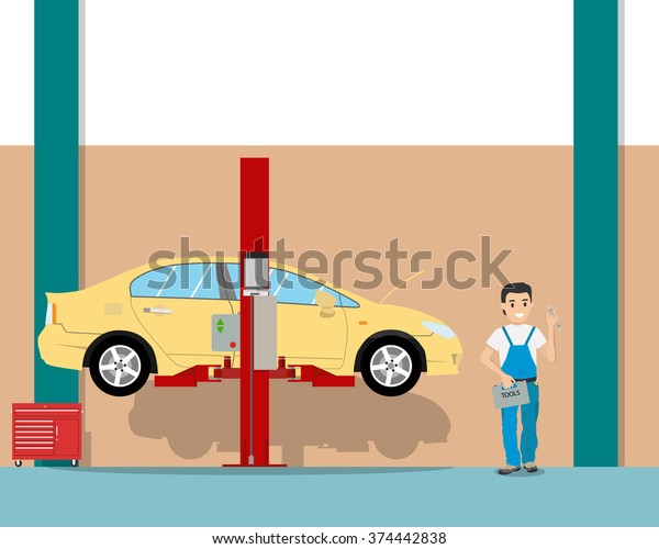 View of the\
interior of the garage from the inside and the workplace mechanic.\
Car repair. Vector\
illustration\
