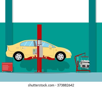 View of the interior of the inside of the garage to repair a car engine. Car repair. Vector illustration