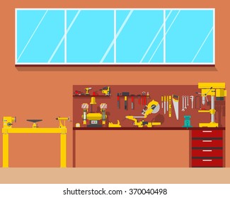 View of the interior of the workplace carpenter in a workshop. Woodworking and carpentry, construction tools. Vector illustration