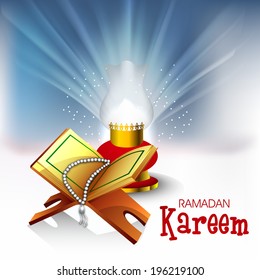 View of Islamic religious book Quran Shareef and praying beads in light of traditional arabic lamp. 