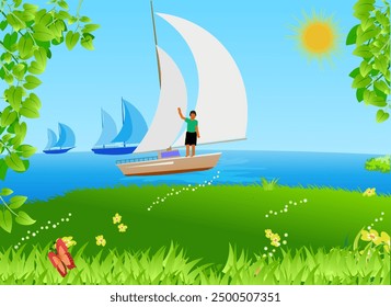 View of an island in the ocean. A boy on a yacht waves hand. Vector illustration.