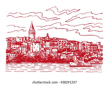 View from Istanbul with Galata Tower. Seafront of Karakoy, Istanbul, Turkey. Sketch by hand. Vector illustration.