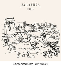 View of Jaisalmer fort and the city, Rajasthan, India. Vintage touristic postcard, poster, book illustration or calendar template with sketchy hand drawing and hand lettered title. Vector illustration