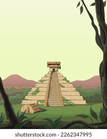 View from the jungle at the Mayan pyramid. Archaeological landmark, ancient temple of Mexican culture. Wildlife scene, vertical orientation. Hand drawing, outline. Warm background. Vector illustration svg