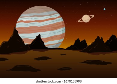 View of Jupiter and Saturn from Mars. Martian landscape. Vector illustration.