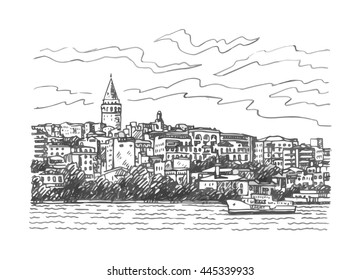 View of Karakoy and the Galata Tower from the Bosphorus, Istanbul, Turkey. Sketch by hand. Vector illustration.
