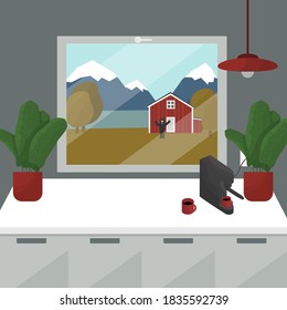 view from the kitchen window with pendant lamp, home plant, a coffee machine and cups of coffee to the mountains, river and the wooden house and man or woman in coat
