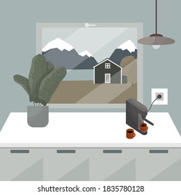view from the kitchen window with pendant lamp, home plant, a coffee machine and cups of coffee to the mountains, river and the wooden house