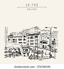 View of La Paz, Bolivia. Bus station, houses, Andes mountains. Vintage artistic hand drawn postcard, poster template, book illustration in vector