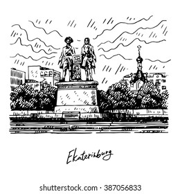 View of the Labor Square, Yekaterinburg, Russia. Saint Catherine's chapel and monument of Vasily Tatishchev and William de Gennin. Sketch by hand. Vector illustration