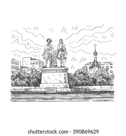 View of the Labor Square, Yekaterinburg, Russia. Saint Catherine's chapel and monument of Vasily Tatishchev and William de Gennin. Sketch by hand. Vector illustration