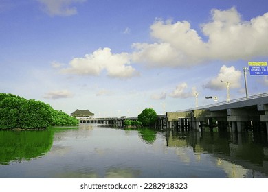 View of the lake and mangrove forest under the flyover (translation " GERBANG TOL NGURAH RAI 500M"NGURAH RAI toll gate 500 meters ahead.) digital painting, digital illustration