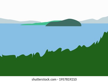 View of the lake from the shore. A forest can be seen on the horizon.