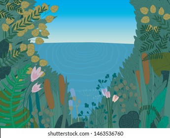 View of lake. Wild nature. Plants near pond. Floral colorful illustration.