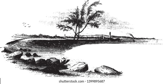 View of the landing-place of Arnold with his troops,vintage line drawing or engraving illustration